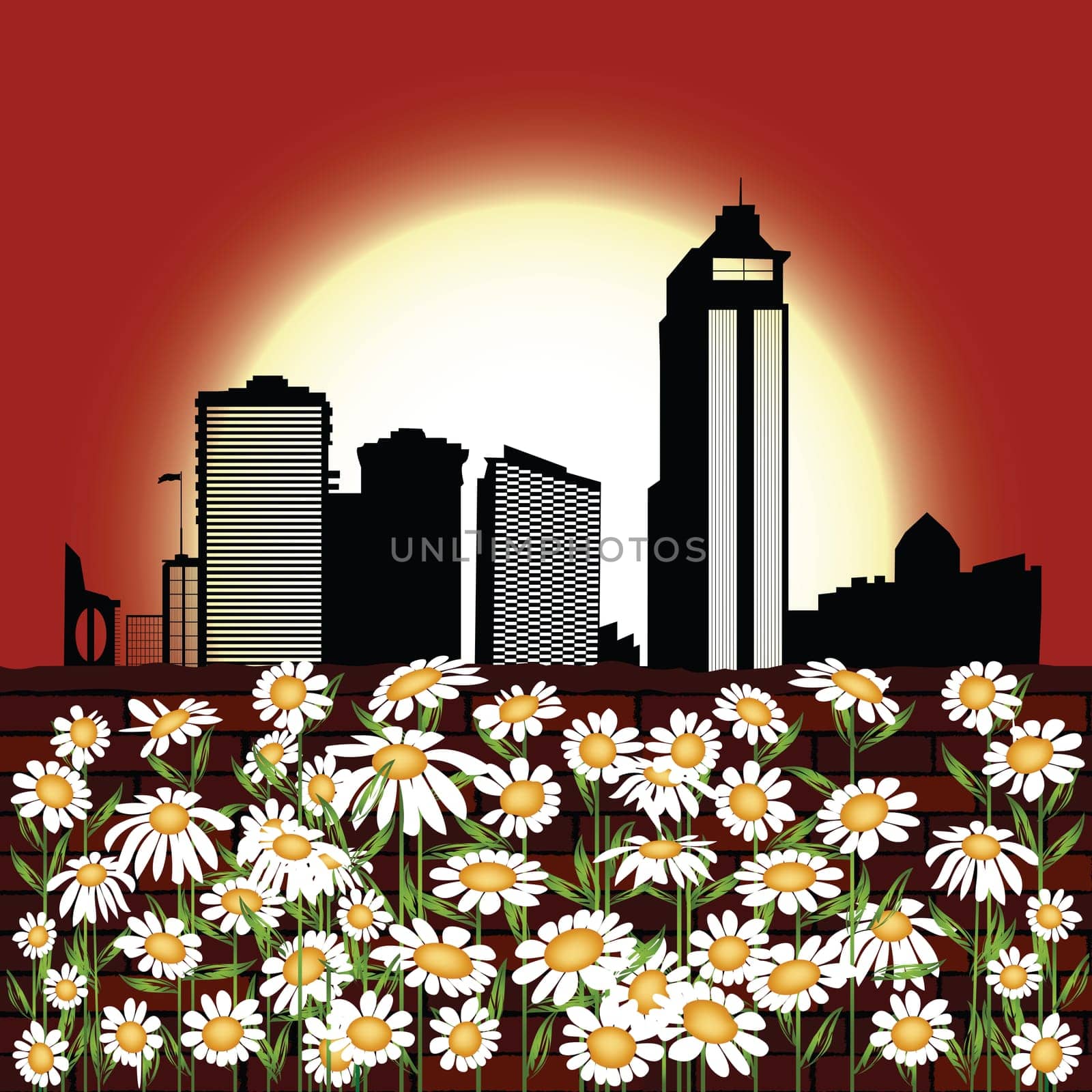 Urban background with sunset over skyscrapers silhouettes and floral bed