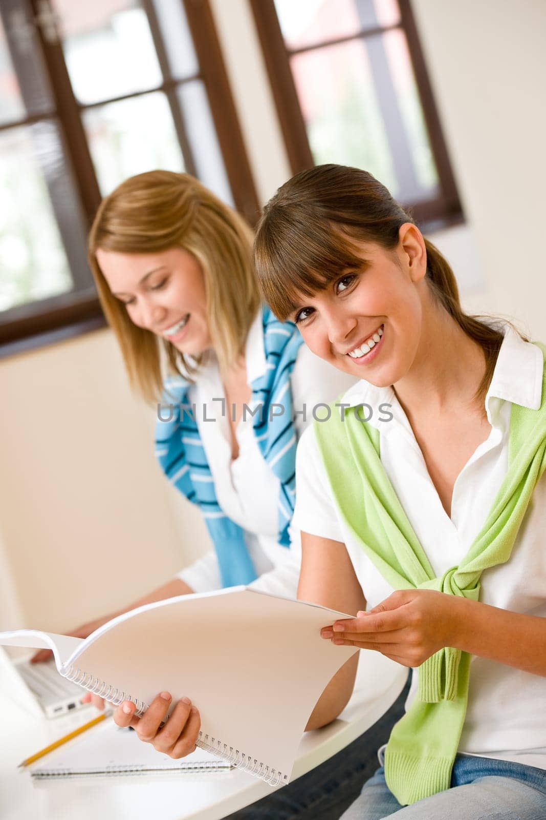 Student at home - two woman with book and laptop