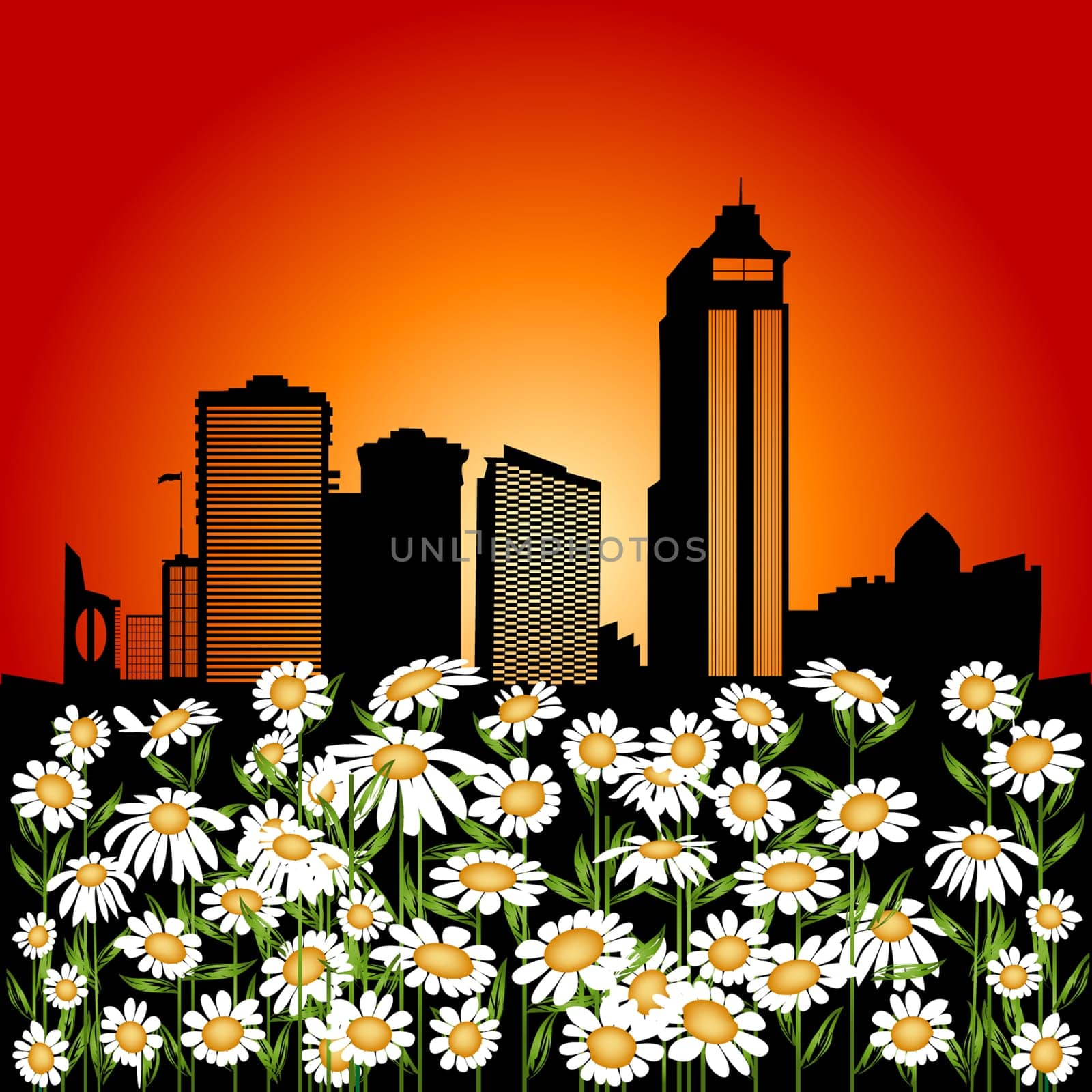 Abstract illustration with flower bed and urban city background