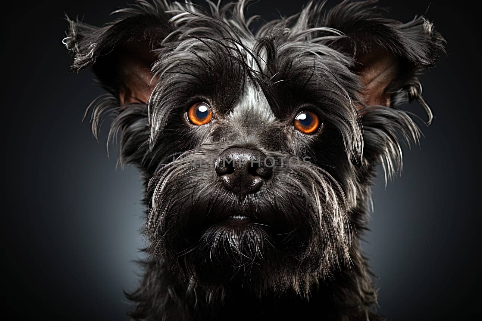 Affenpinscher doggy on black background. Portrait of black Affenpinscher, close up, Studio light photo. Ai generative art