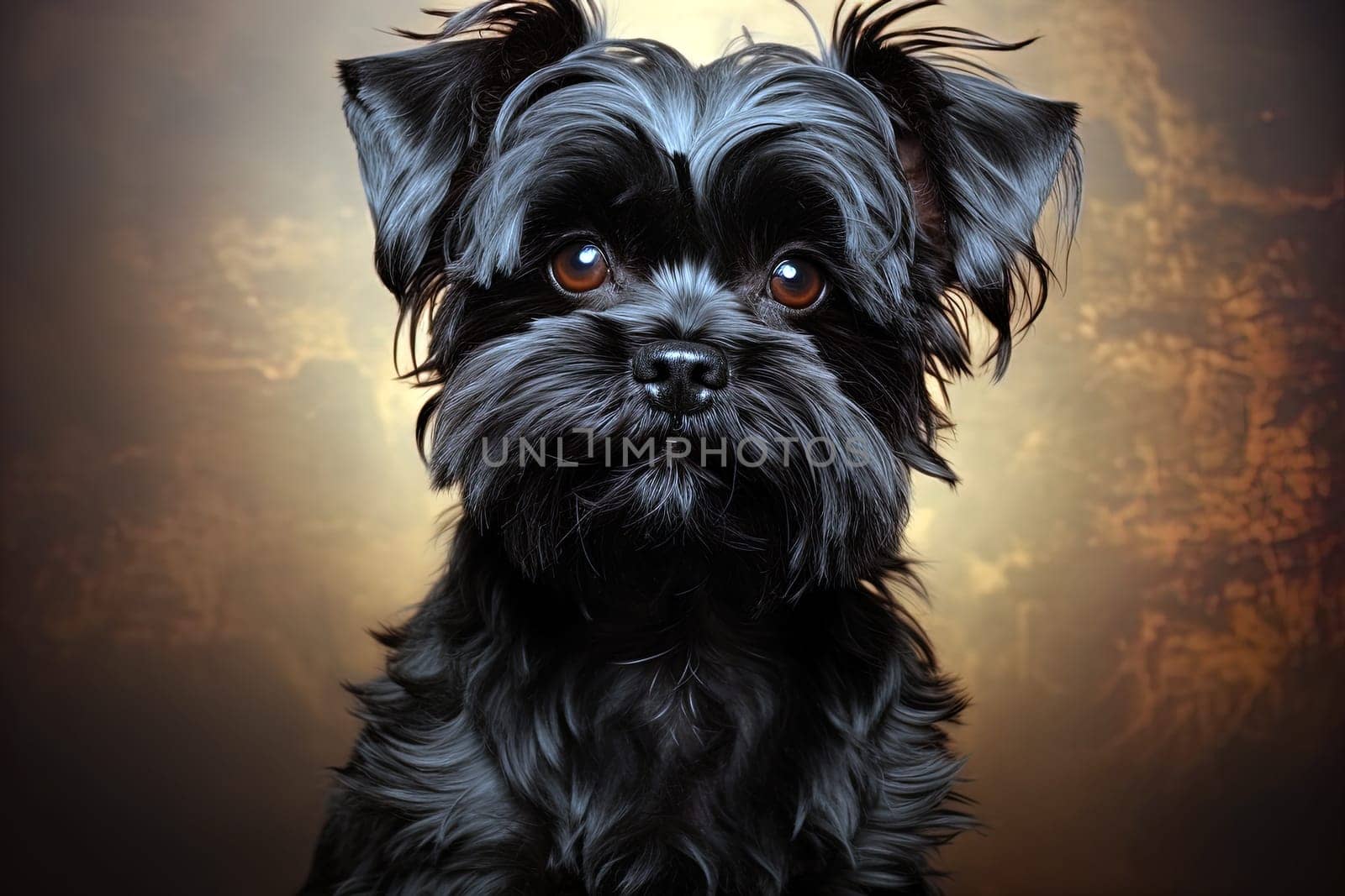 Affenpinscher doggy Portrait on brown background. Portrait of black Affenpinscher, close up, Studio light photo. Ai generative art