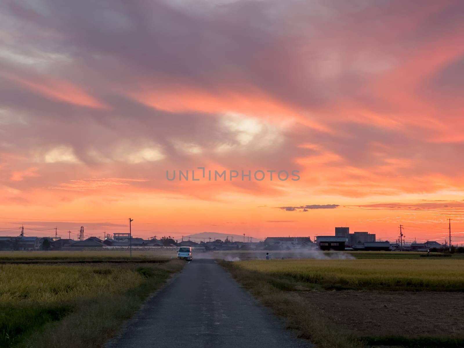 Country road by controlled burn in fields outside town at sunset by Osaze