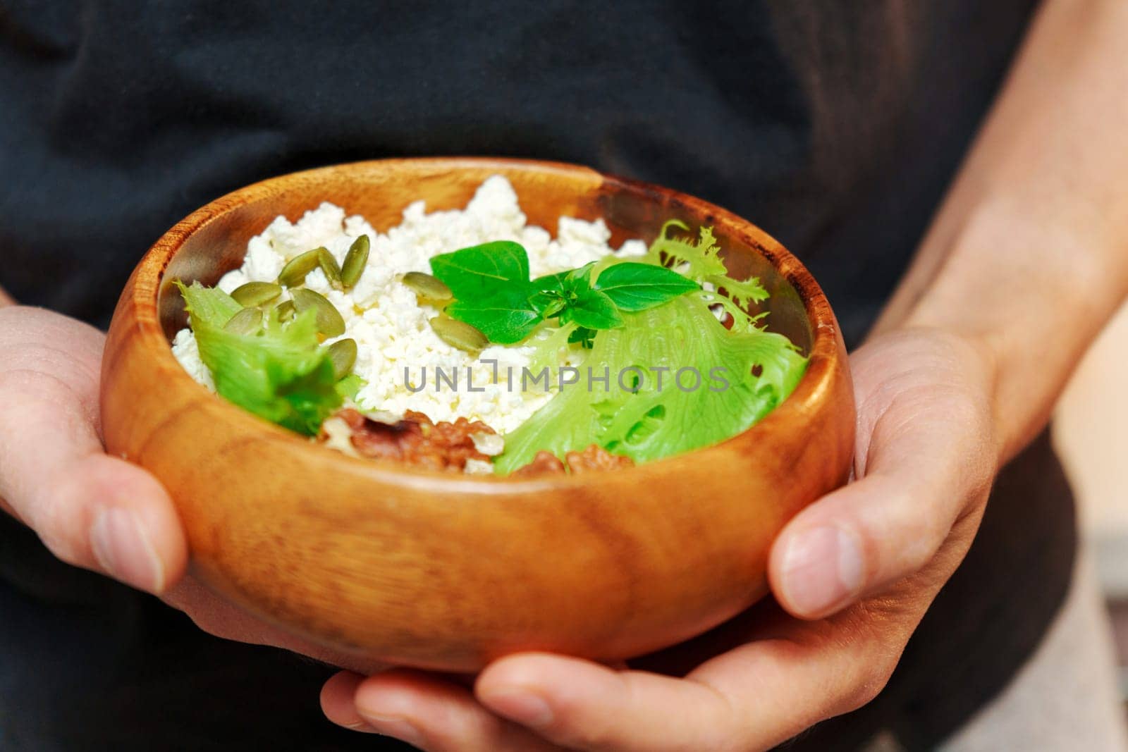 Delicious cottage cheese with vegetables served for breakfast. Selective focus by darksoul72