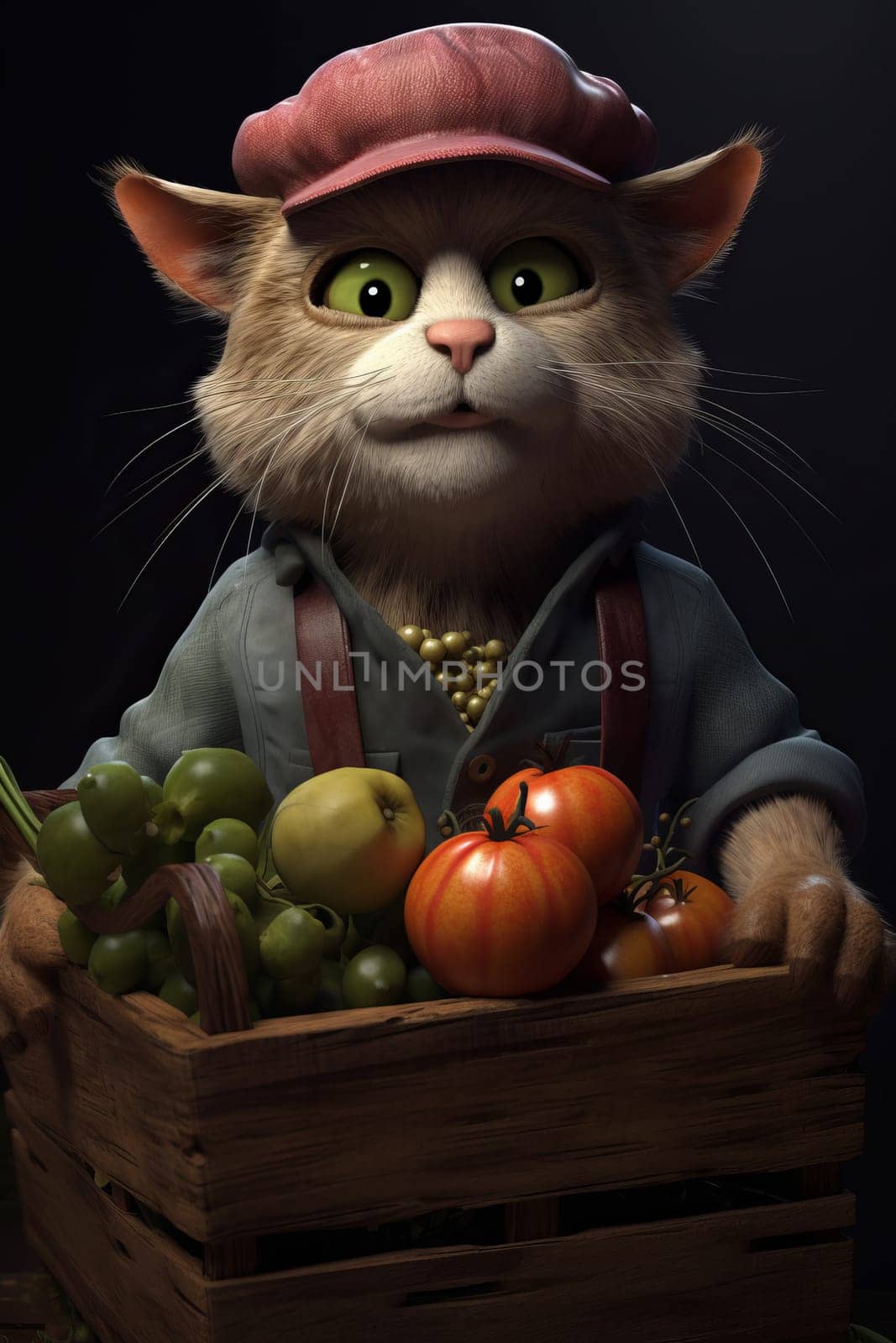 A cute retro farmer cat, holding a wicker basket with tomatoes, stand on dark background