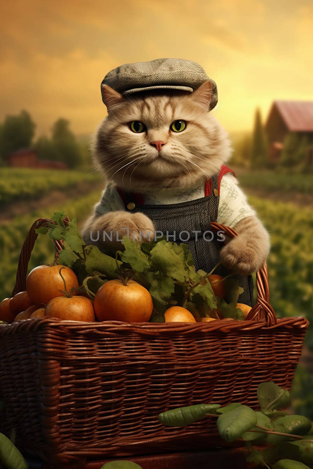A cute farmer cat is standing in the field of garden, with a wicker basket with vegetables.