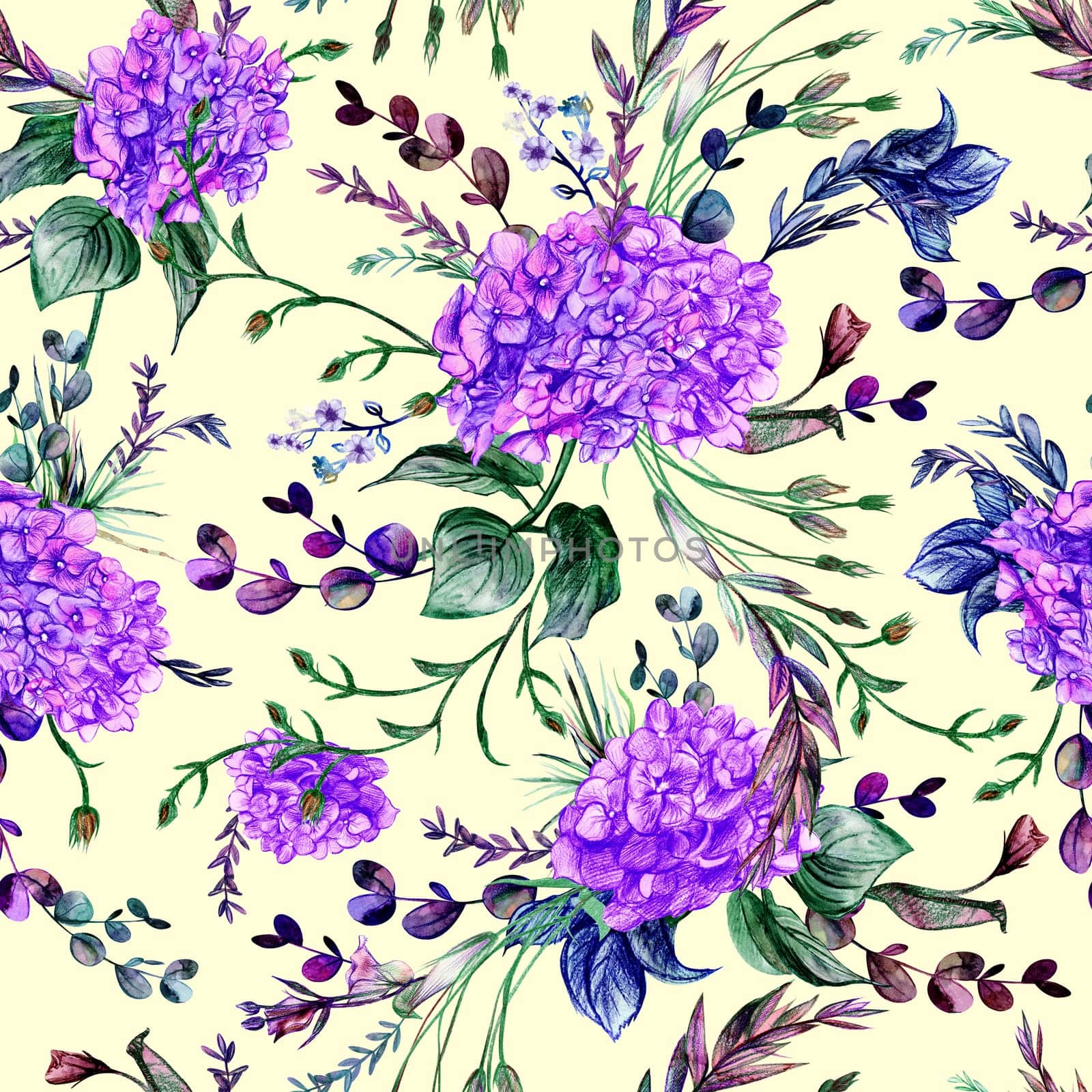 Cute botanical seamless pattern with purple hydrangea flowers on a light yellow backdrop by MarinaVoyush