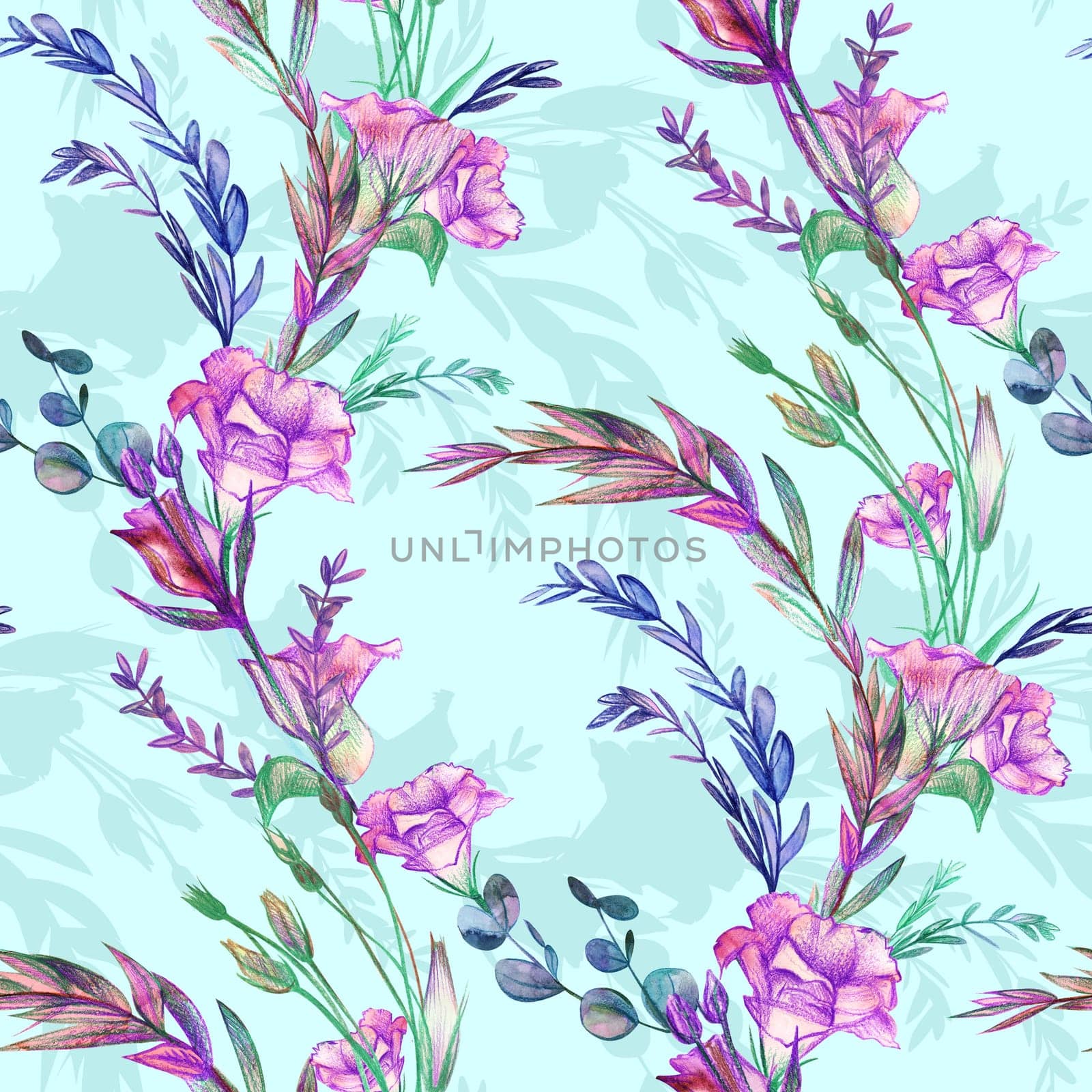 Eustoma twigs drawn with watercolors and pencils. Seamless botanical pattern with purple flowers by MarinaVoyush