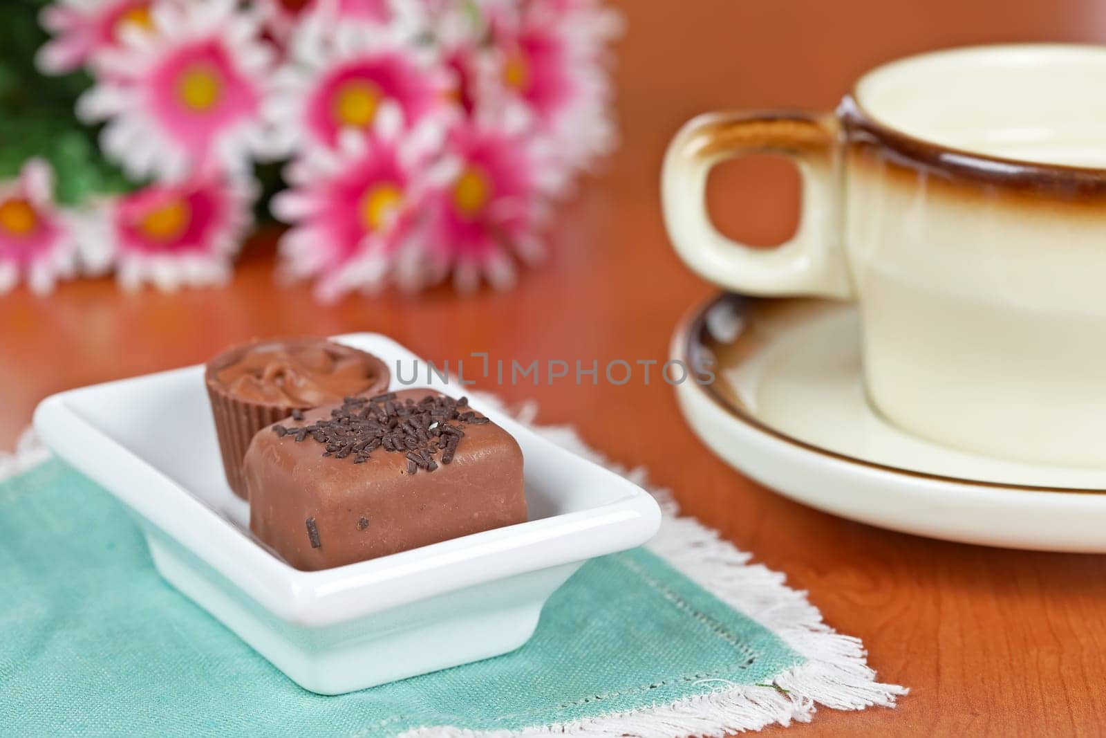 Coffee with chocolate candies