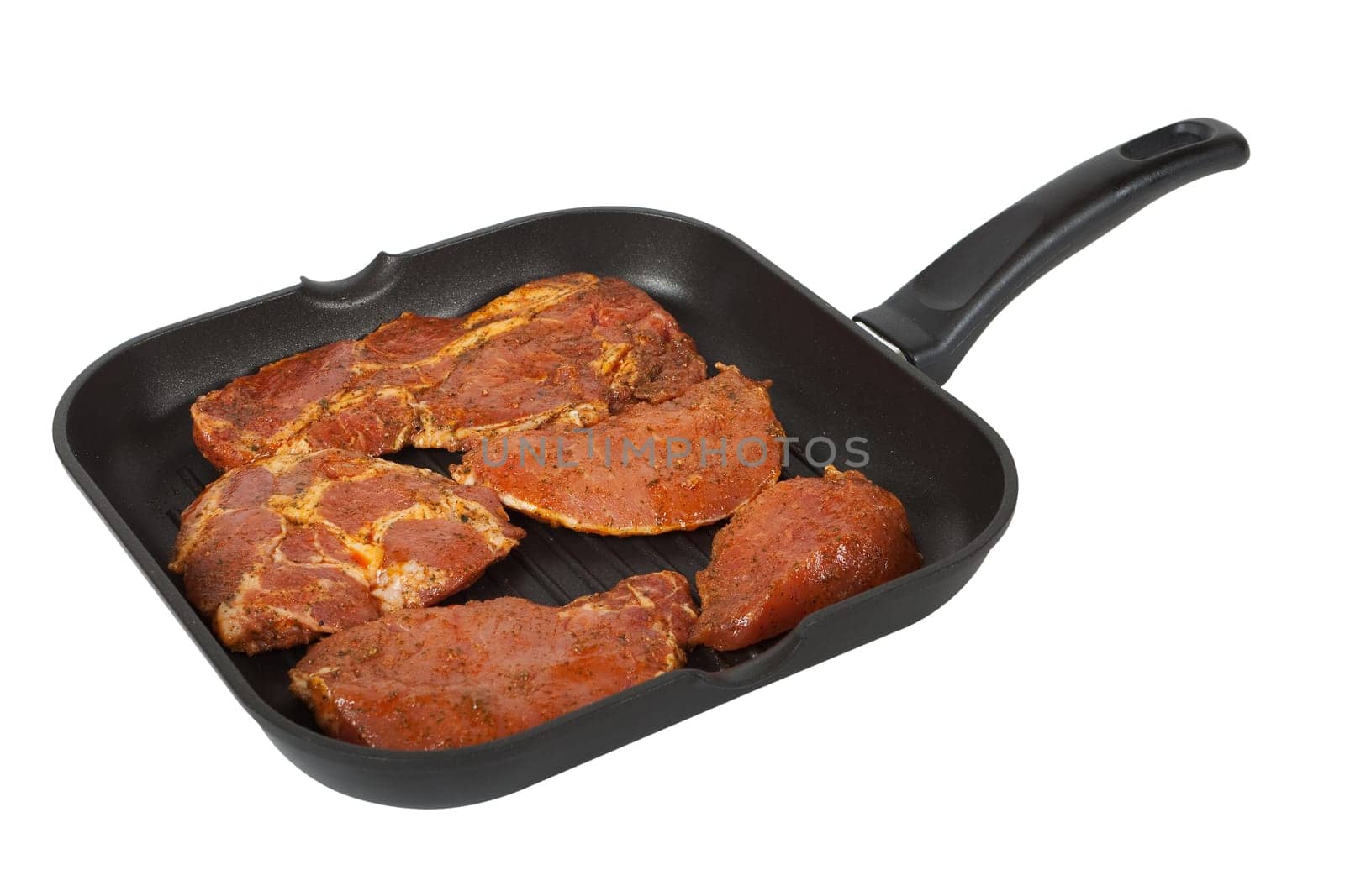 Pan with meat for grilling