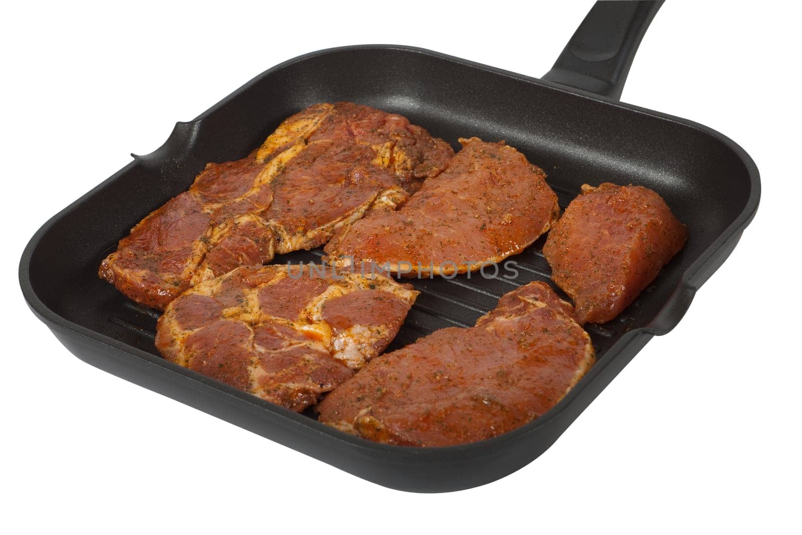 Pan with meat for grilling