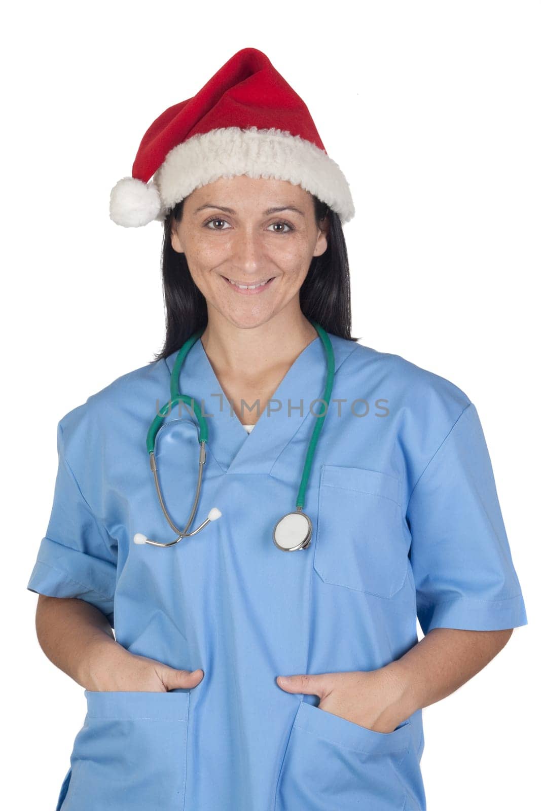 Attractive doctor woman with Christmas c