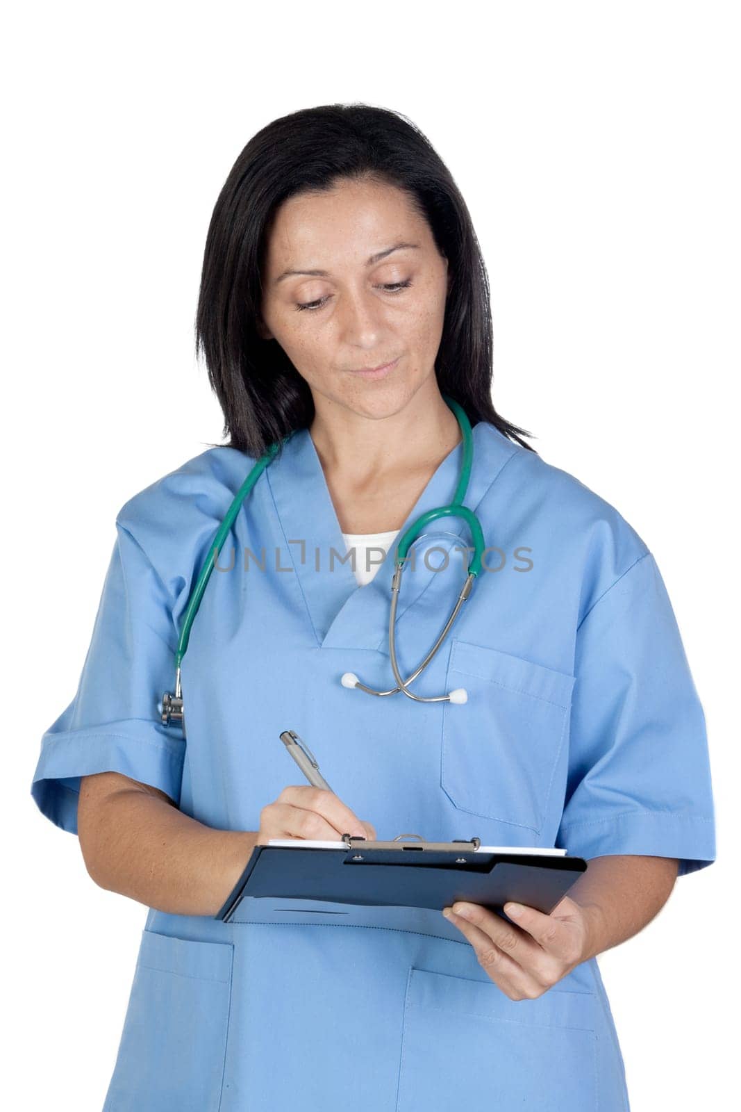 Attractive doctor woman signing