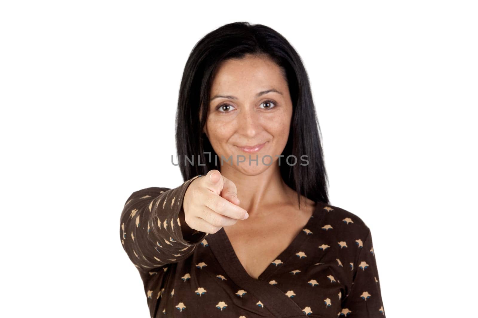Attractive brunette girl pointing