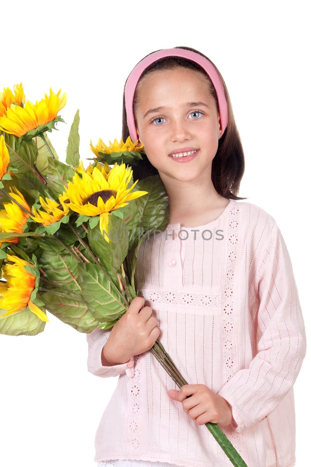 Pretty girl with a bouquet of sunflowers