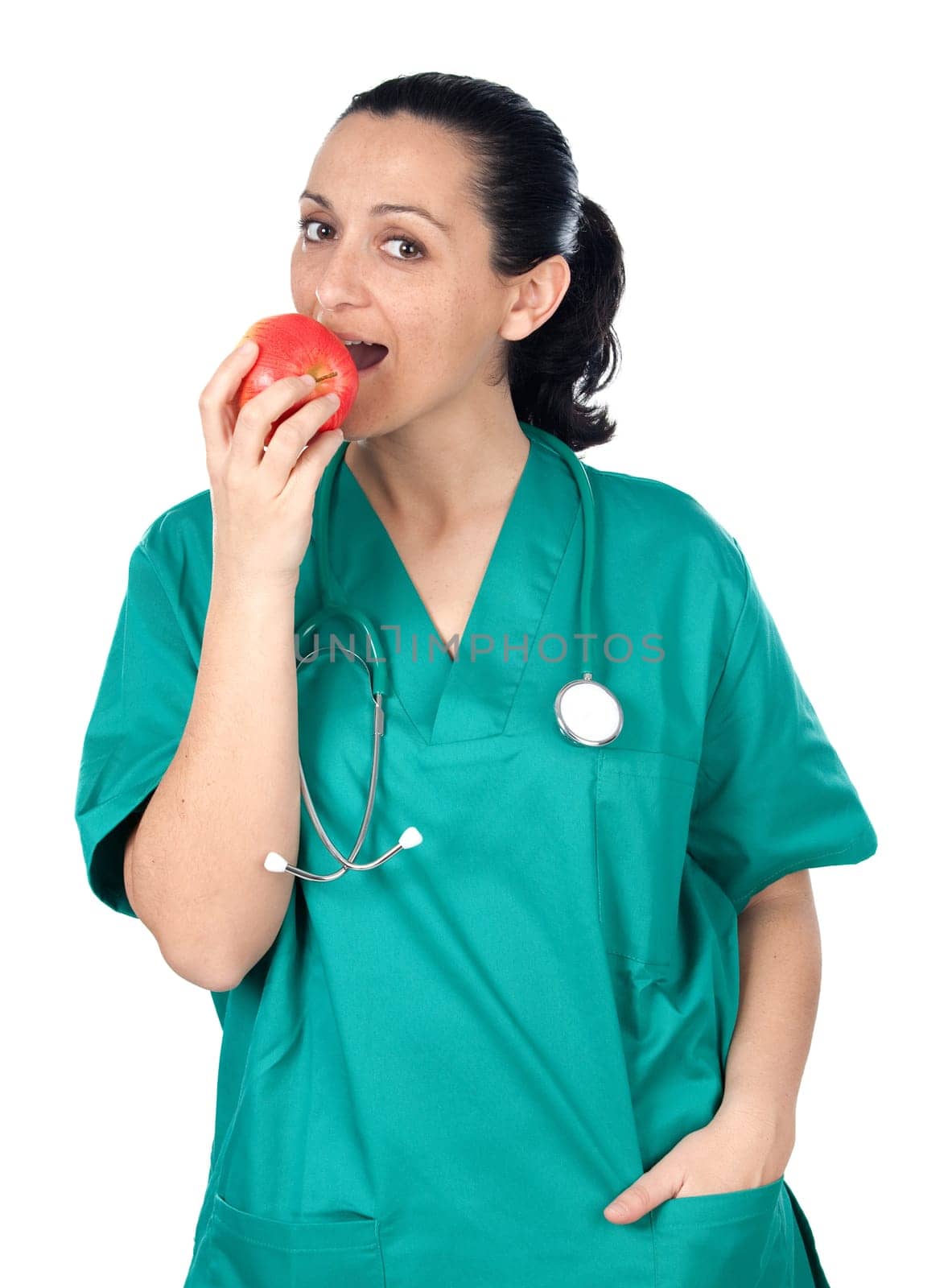 Doctor woman eating red apple