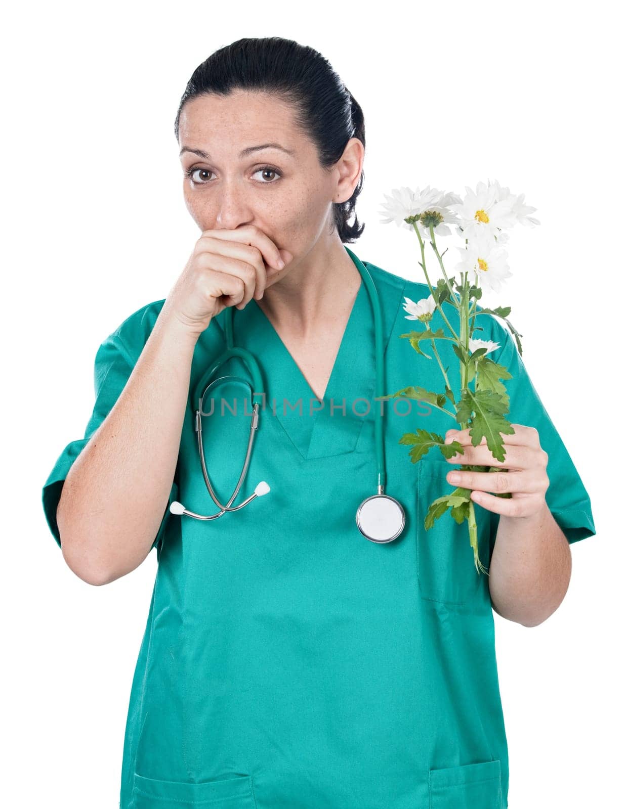 Allergic doctor woman with flowers