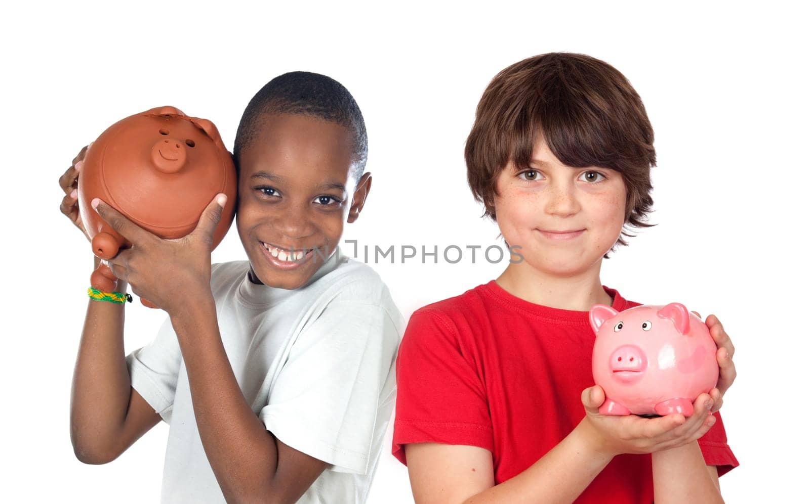 Two happy children with moneybox savings