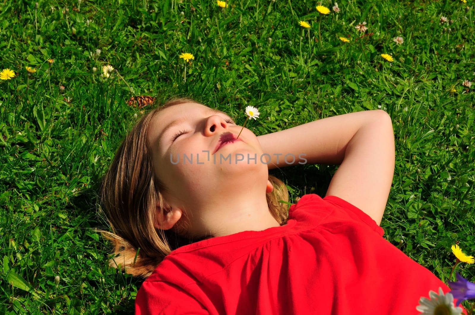 Child lying on meadow
