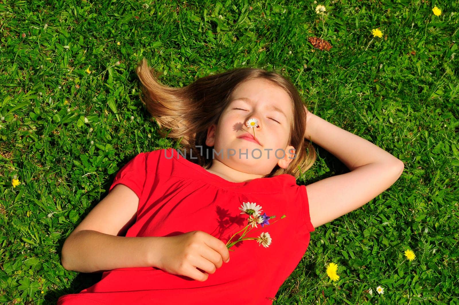 Child lying on meadow