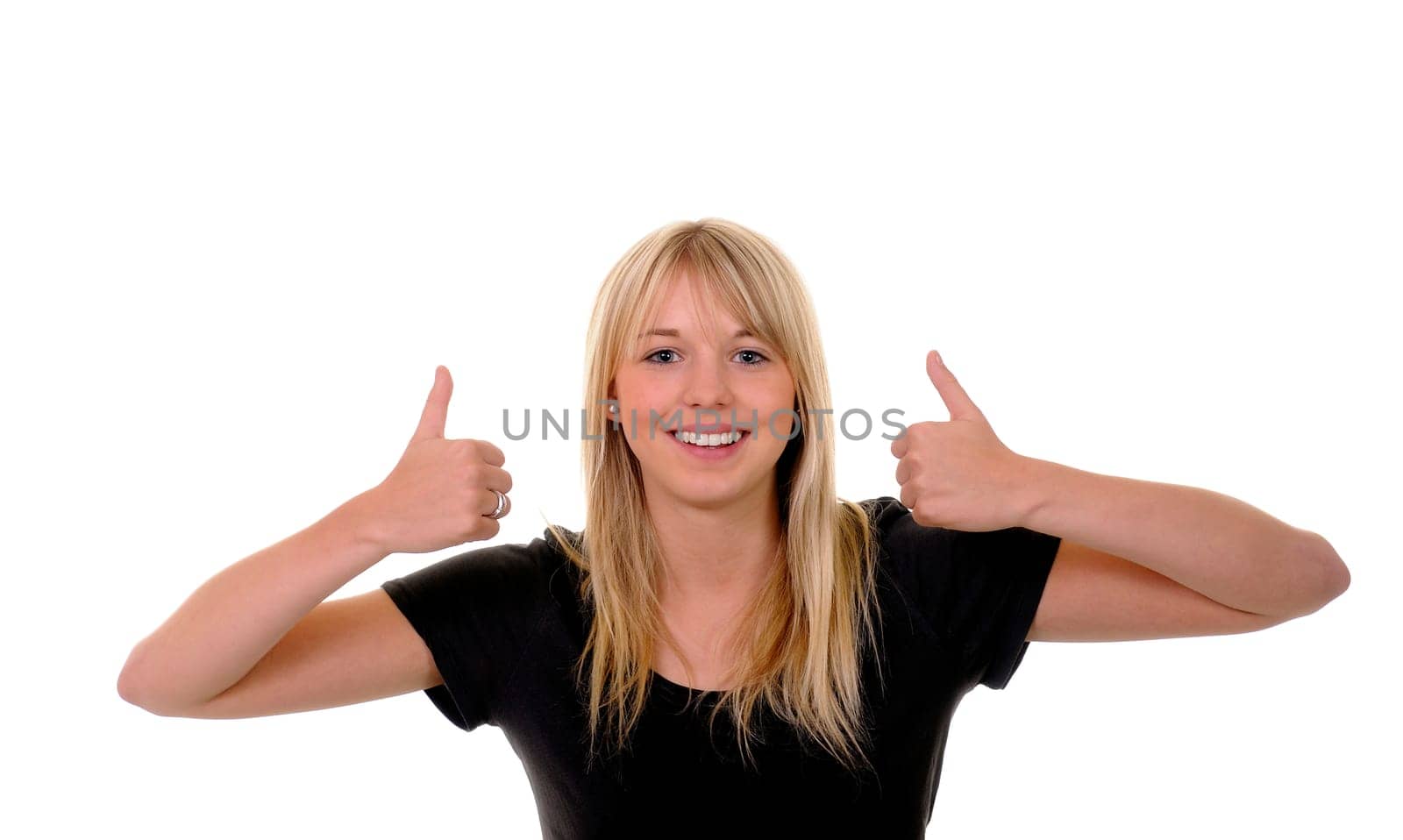 young woman showing thumbs up