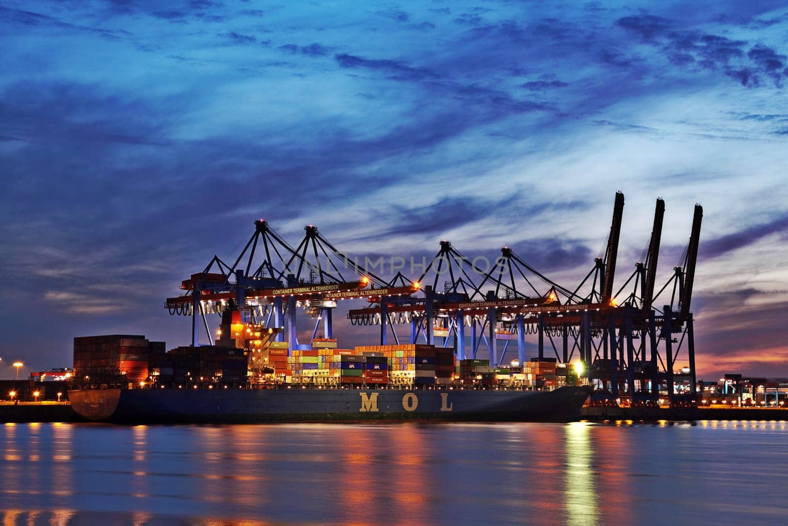 Container terminal Altenwerder in the evening