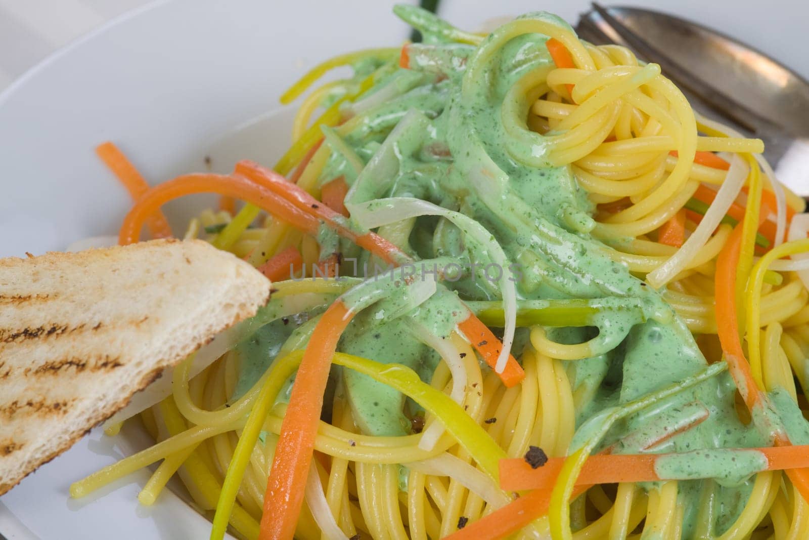 Mint sauce on noodles