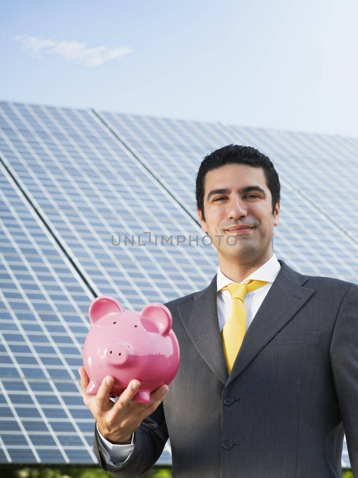 businessman and solar panels