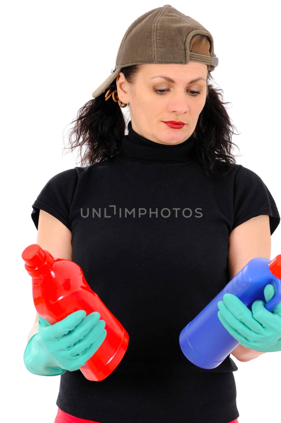 woman with red and blue bottle