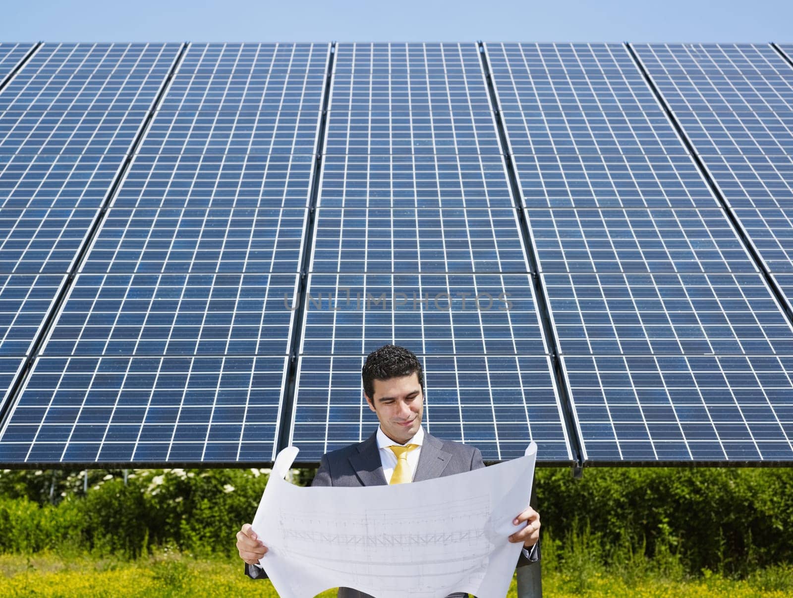 businessman and solar panels