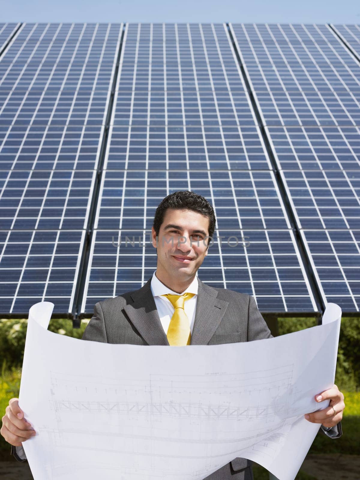 businessman and solar panels