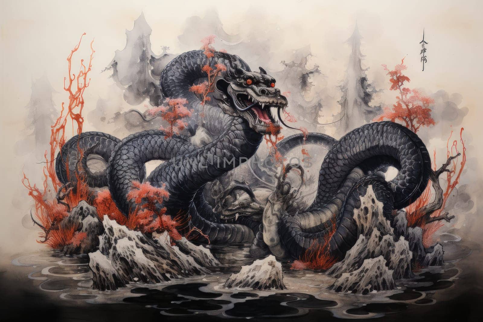 Ancient sea serpents, guardians of hidden treasures beneath the ocean depths - Generative AI by Sidewaypics
