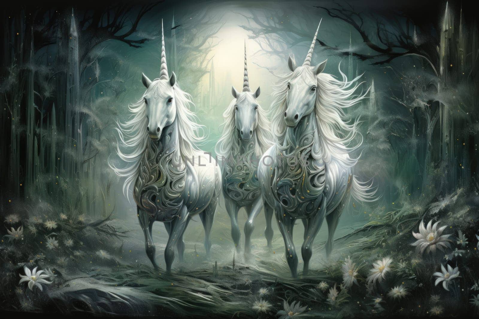 Majestic unicorns with shimmering silver horns - Generative AI by Sidewaypics