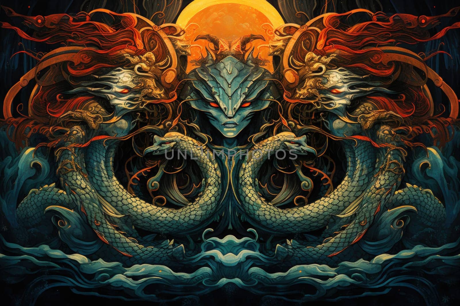Ancient sea serpents, guardians of hidden treasures beneath the ocean depths - Generative AI by Sidewaypics