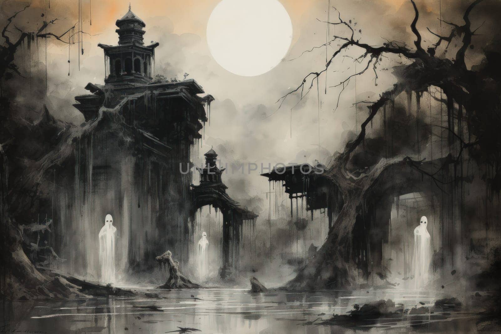 In the realm of fantasy, eerie and ethereal, ancient ruins and crumbling castles are shrouded in an unsettling atmosphere, haunted by ghostly apparitions.