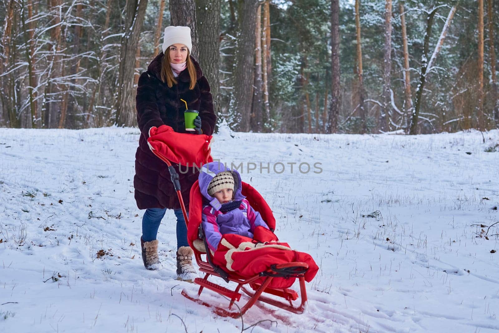 Young pretty mother with a child on a sled with a red plaid in the winter forest by jovani68
