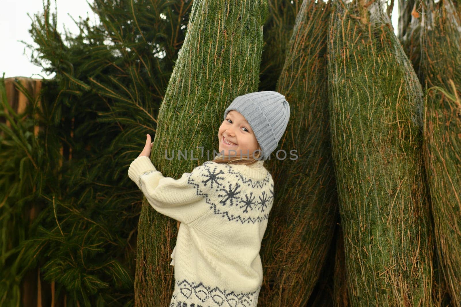 A girl buying a Christmas tree in the market.
