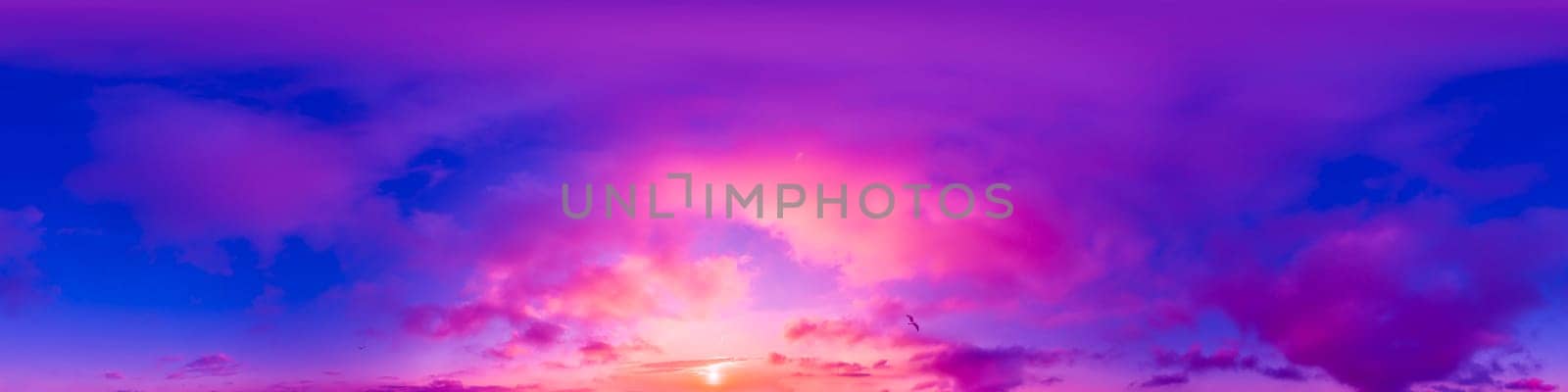 Blue sky panorama with magenta Cirrus clouds in Seamless spherical equirectangular format. Climate and weather change