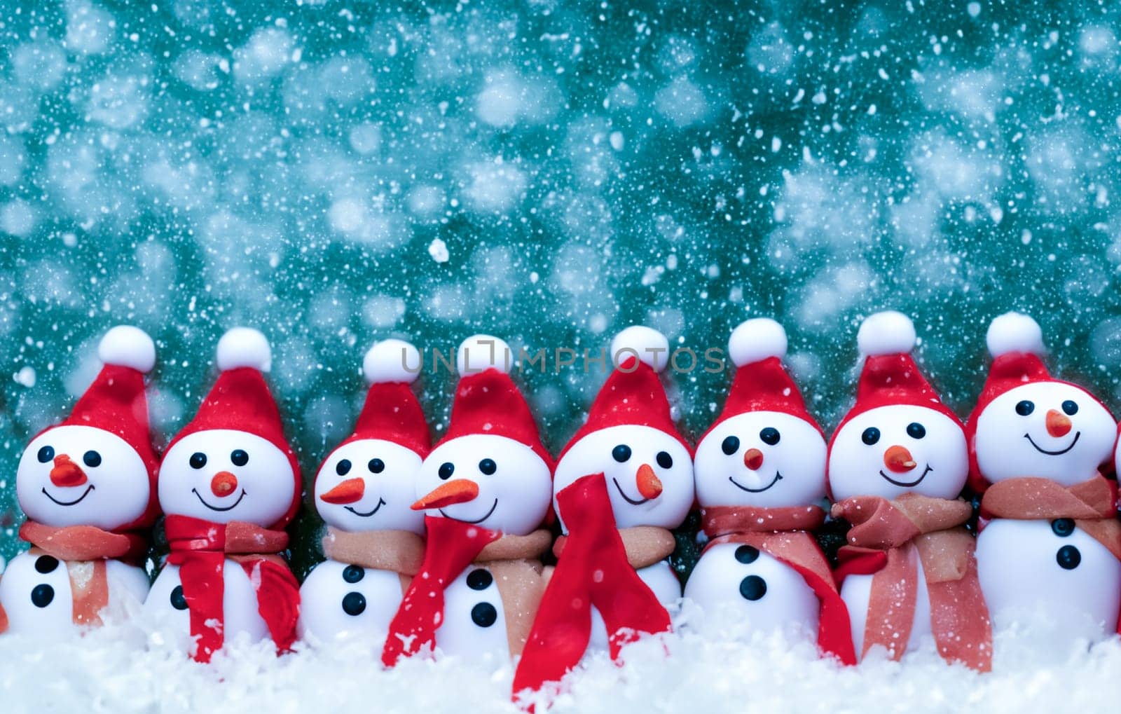 Merry Christmas and New Year greeting card with copy space.Many snowmen standing in winter Christmas landscape. ai generated
