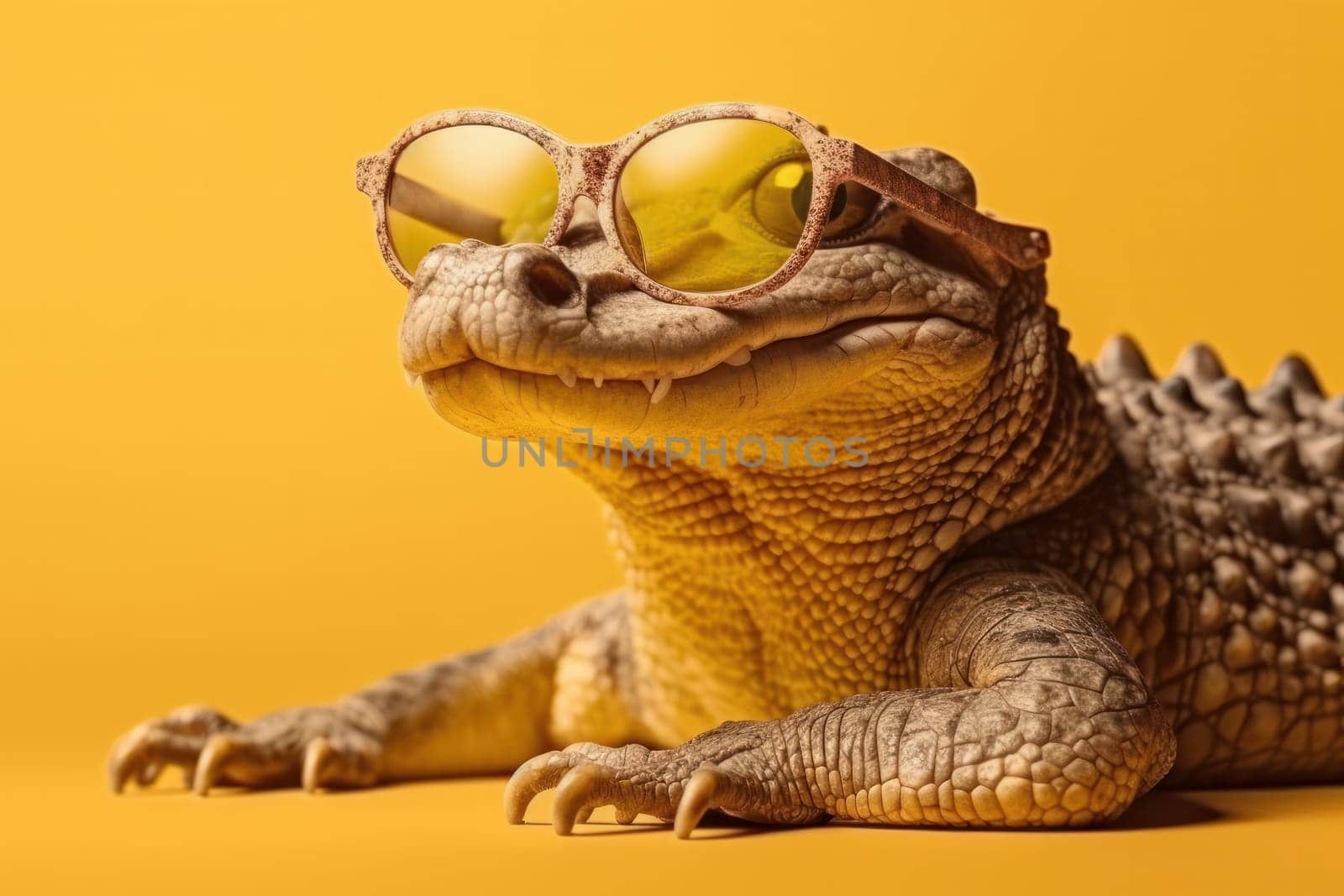 Protect and conserve this exotic reptile species while admiring its style. Crocodile in sunglasses up close on yellow background. AI Generative.