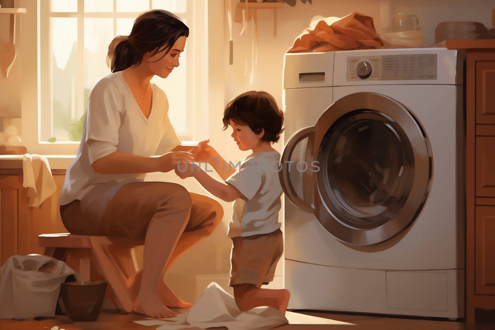 Home woman washing mother housework domestic family clean machine laundry clothes house by Vichizh