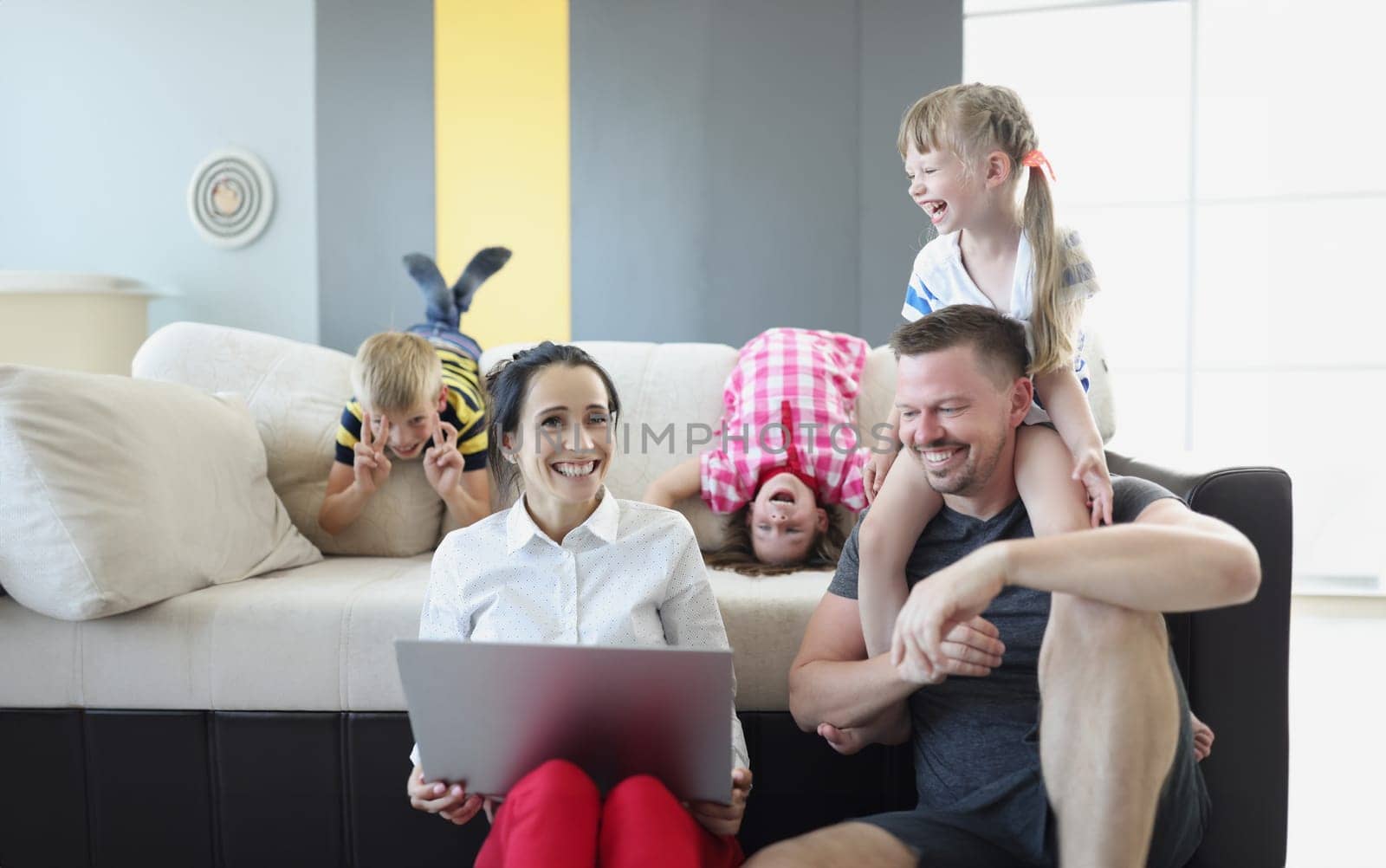 Portrait of happy family spend time together, father mother and children laugh, carefree time. Family, childhood, parenthood, joy, weekend, love concept