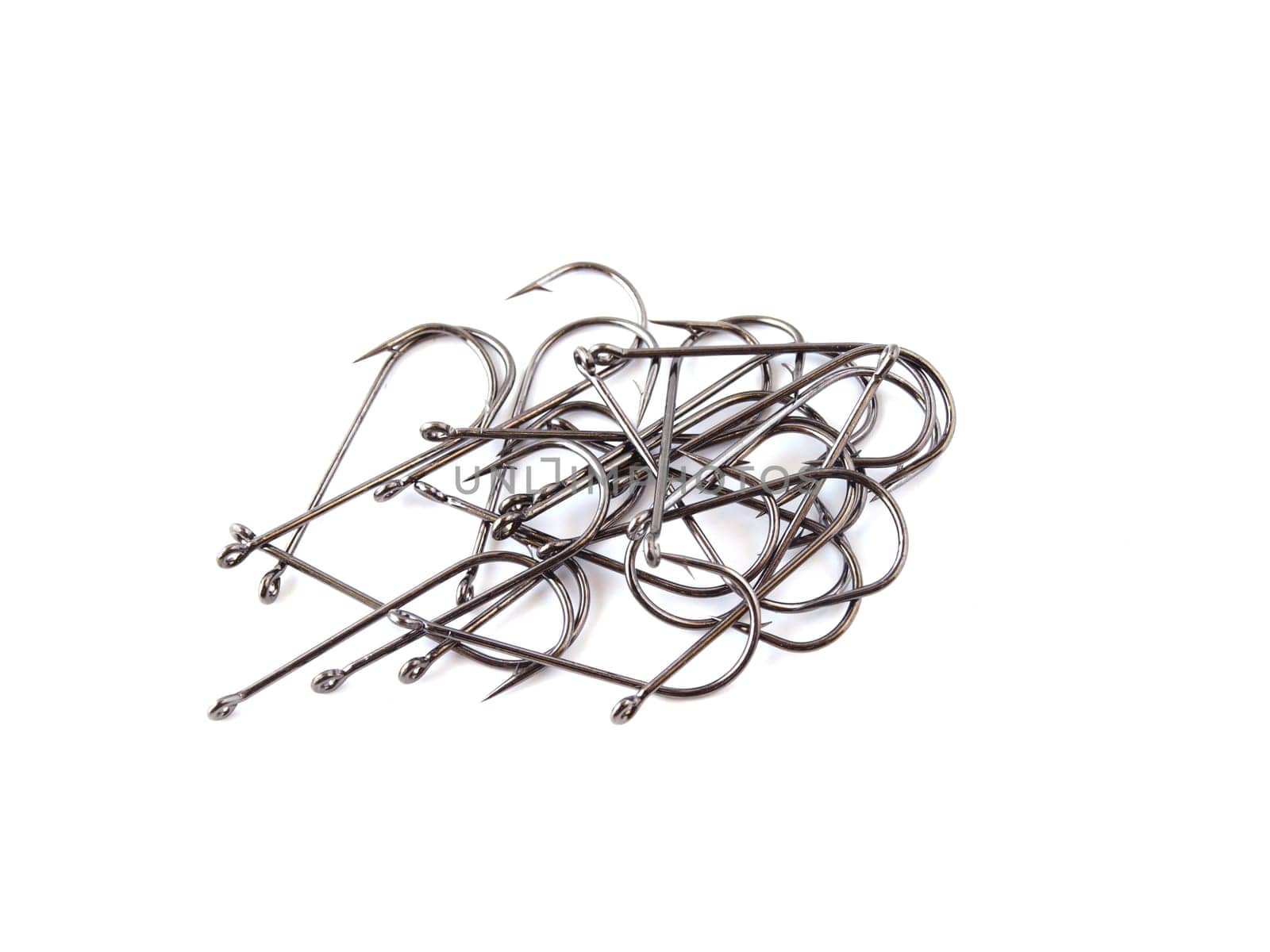 Fishing hooks on an isolated white background.