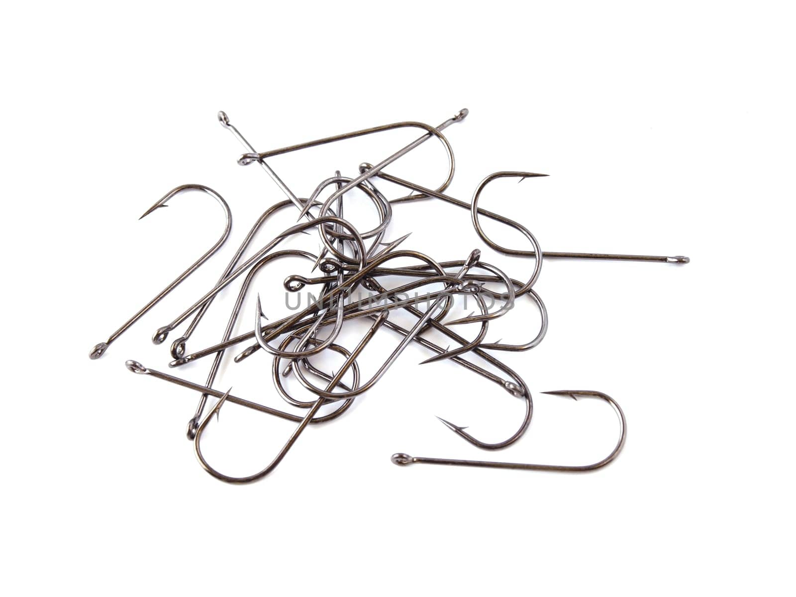Fishing hooks on an isolated white background.