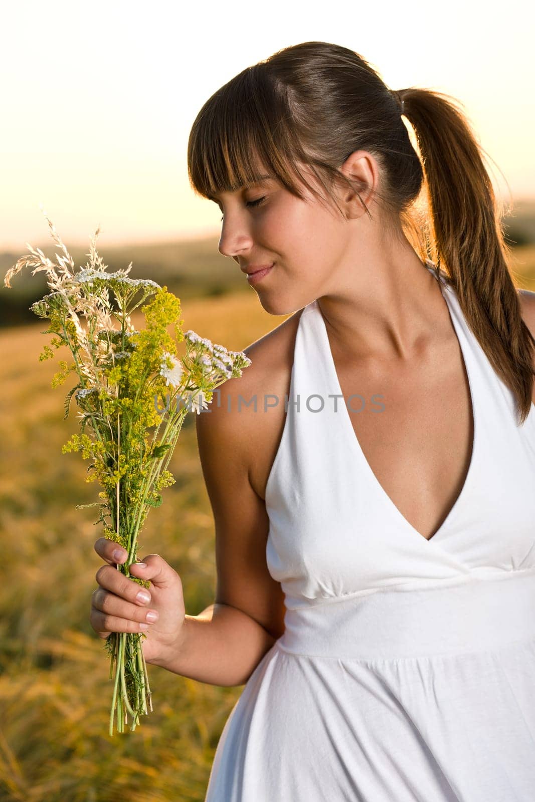 Romantic woman in sunset corn field wear dress