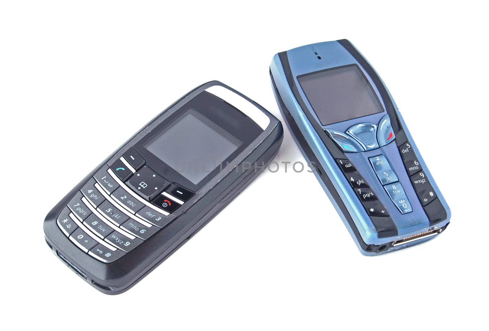 Two telephones on a white background