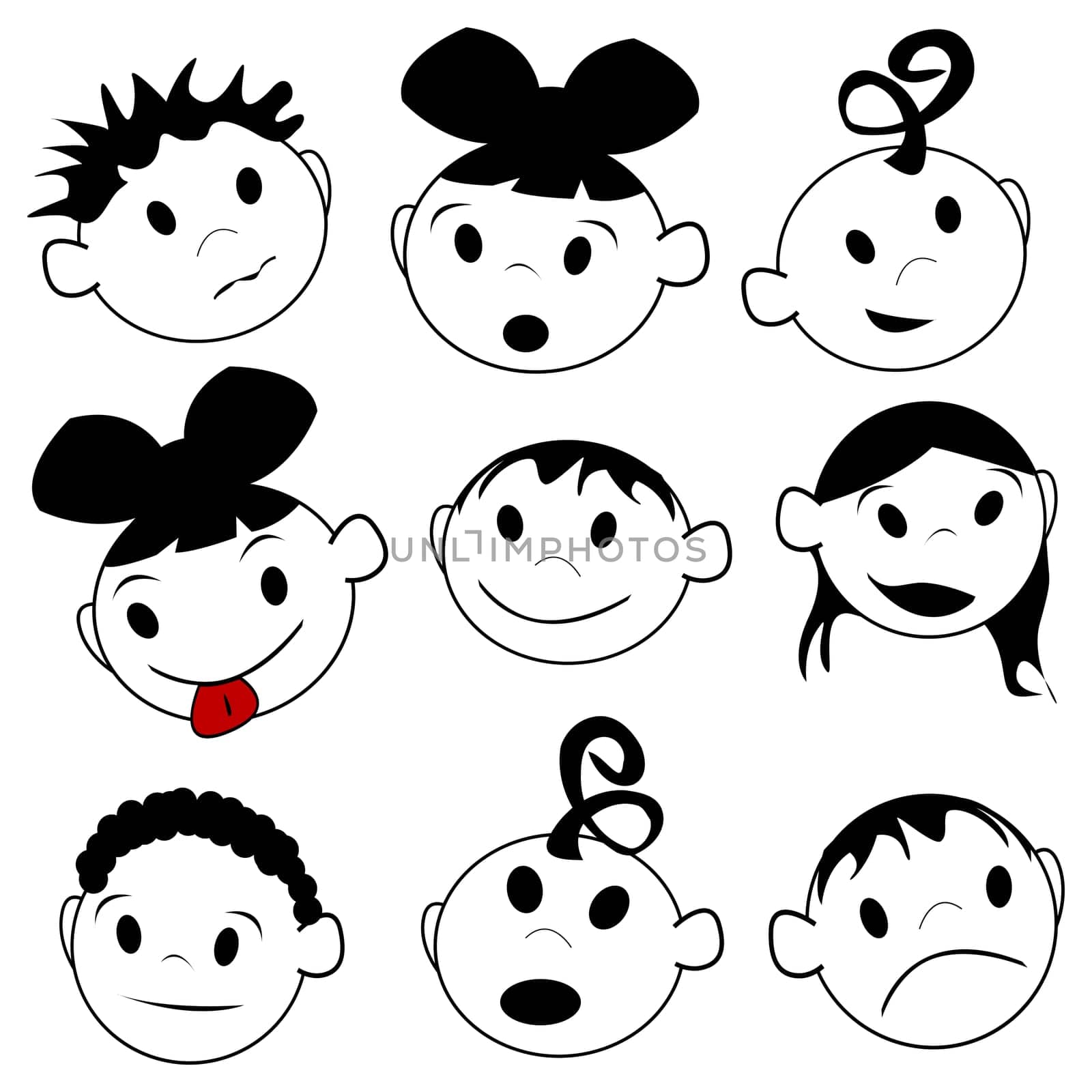Children expressions, stylized drawing over white