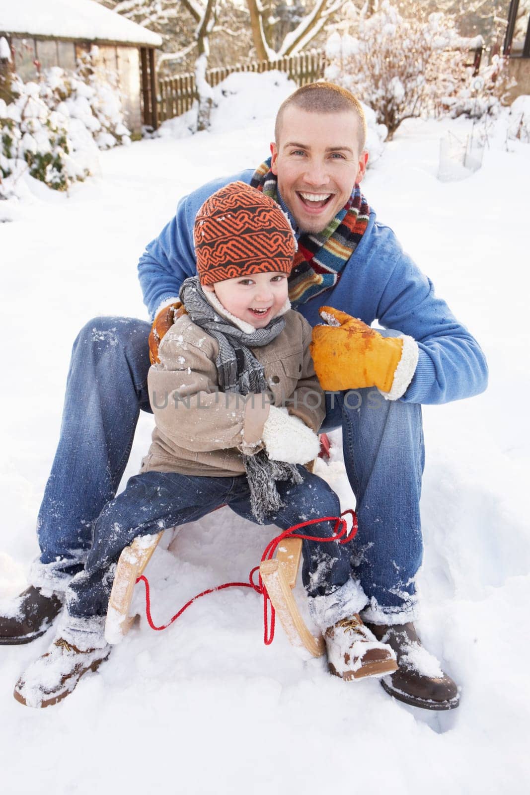 Father And Son Sitting On Sledge