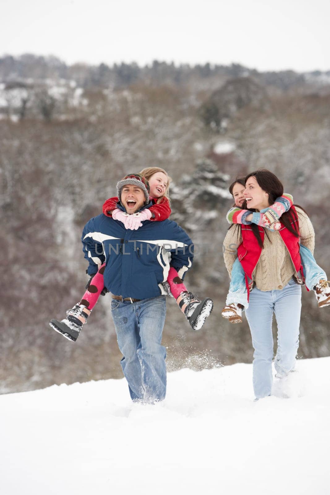 Family Having Fun In Snowy Countryside