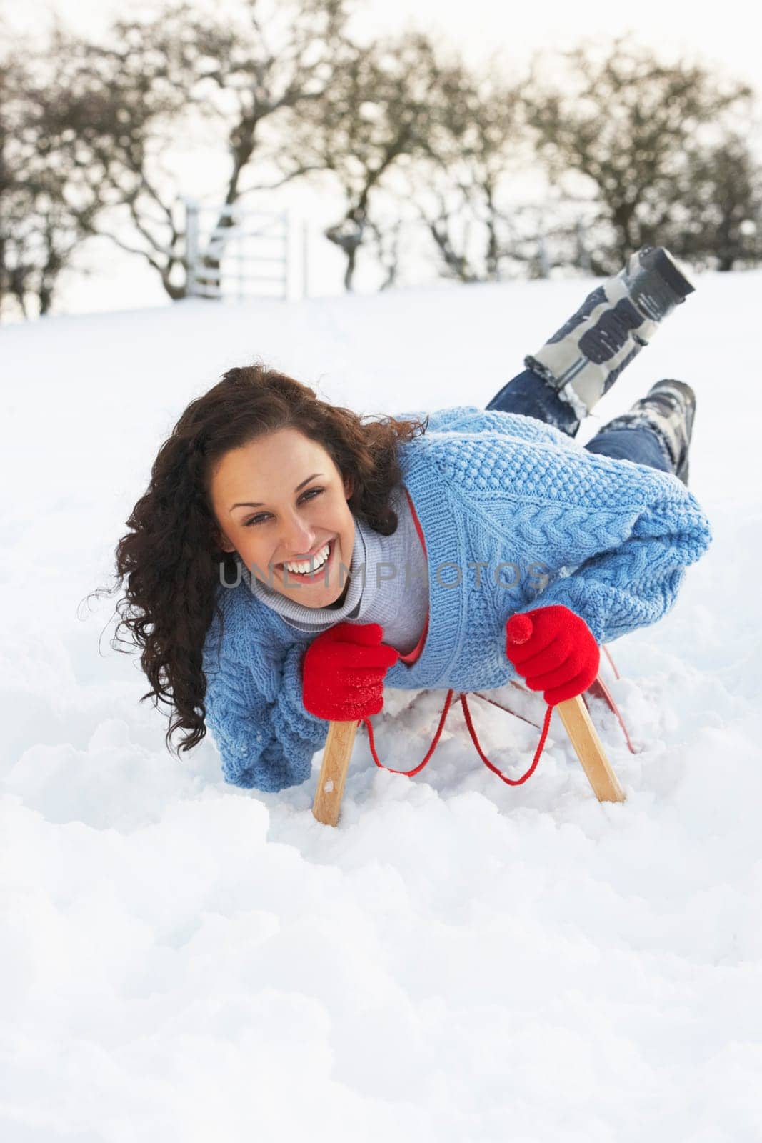 Young Woman Riding On Sledge In Snowy Landscape