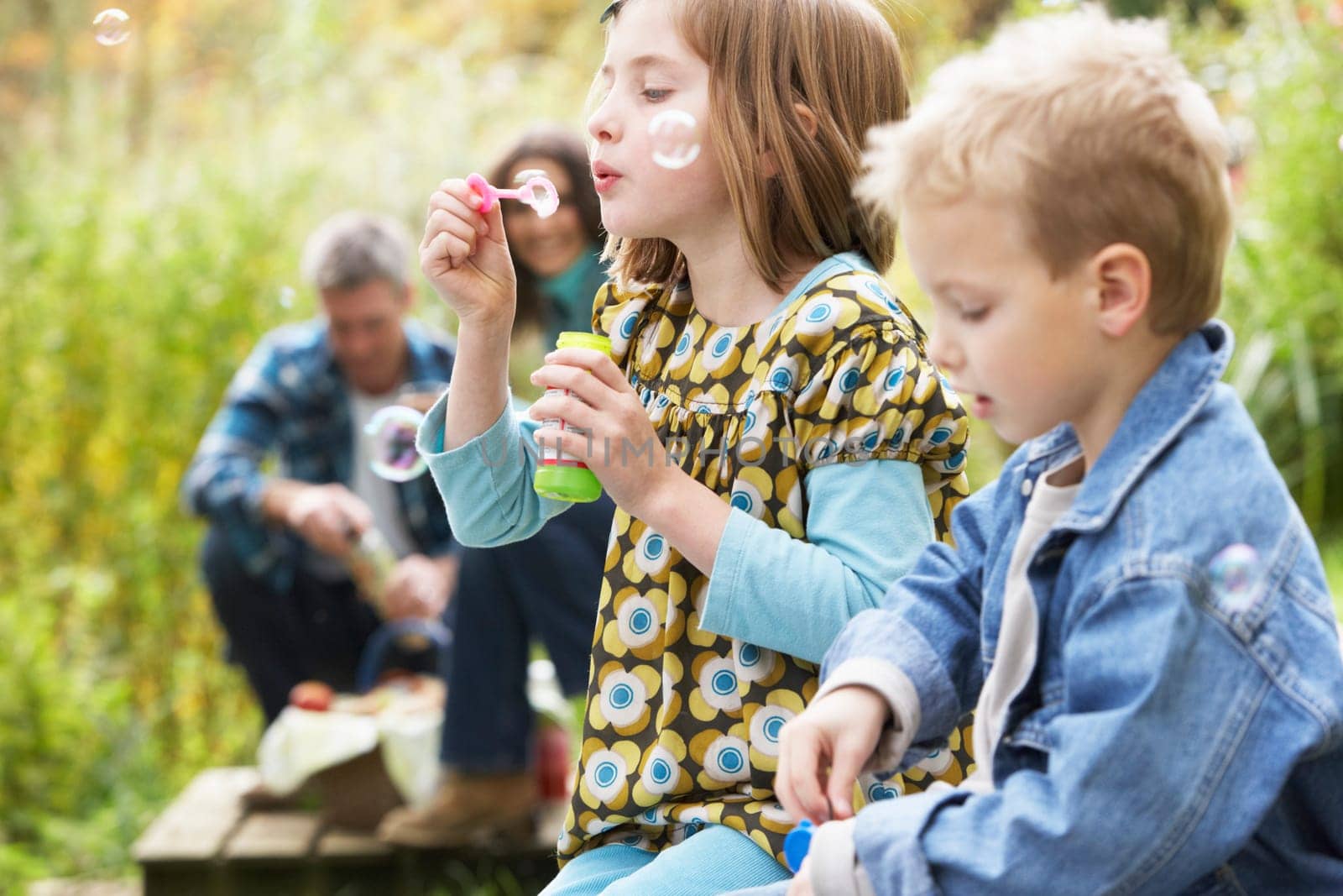 Two Young Children Blowing Bubbles On Countryside Picnic